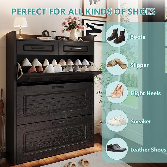 Shoe Cabinet with 3 Large Flip Drawers and 2 Storage Drawers, Narrow Shoe Organizer Cabinet Fits for Kinds of Shoes, Slim Shoe Storage Cabinet for Entryway, Hallway, Black