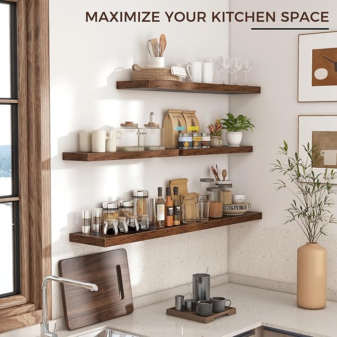 Floating Shelves for Wall 36 inch Long, Engineered Wood Wall Shelves with Invisible Brackets for Living Room Bedroom Bathroom Office Kitchen Decor and Storage, Rustic Brown Finish, Set of 2