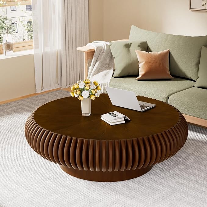 Round Coffee Table for Living Room, Modern Drum Center Table, Fluted Side Table with Sturdy Base Circle Tea Table for Bedroom, Office, Apartment (Walnut 31.5")
