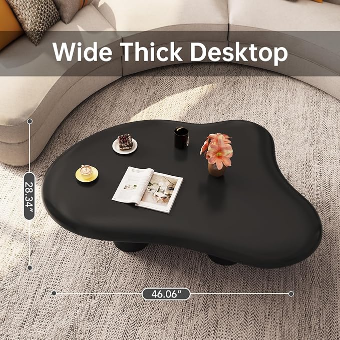 Guyii 46" Big Cloud Coffee Table Modern Center Table with 4 Legs Sofa Side Table Irregular Black End Table for Living Room Apartment Office