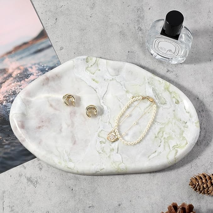 BCS Marble Jewelry Tray Trinket Dish, Decorative Cloud Vanity Key Tray for Women, Perfume Ring Holder Dish for Ring Earring, Cute Jewelry Plate Bowl Aesthetic Room Decor, Bianco Palomino