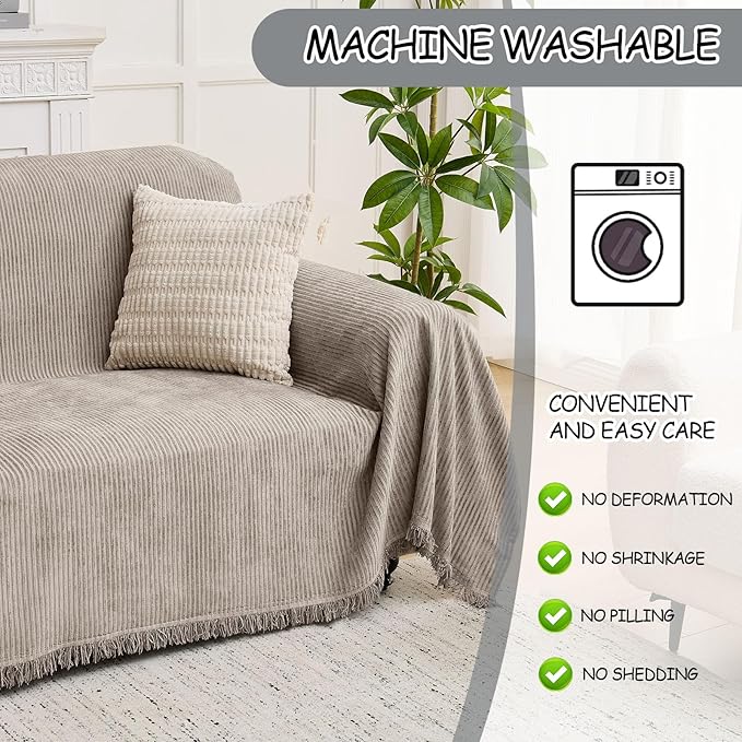 LOMAO Couch Cover Sofa Covers for 3 Cushion Sectional Couch Covers L Shape Couch Cover with Tassel Sofa Protector Washable Reversible Chenille Sofa Slipcover for Pet (Khaki,XLarge（71 * 134)