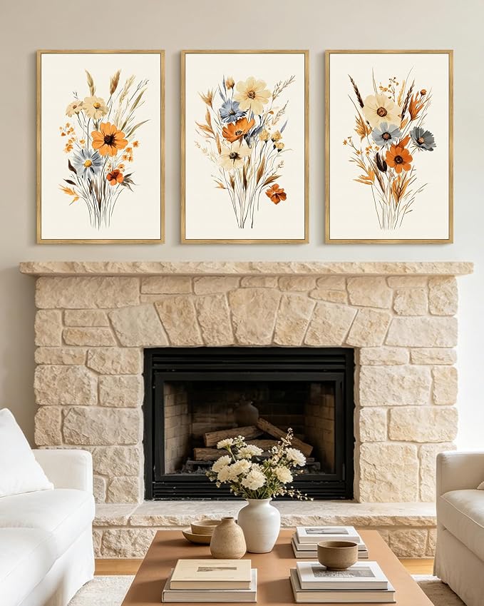 KUVIOKE Vintage Wildflower Bouquet Framed Wall Art Retro Flower Botanical Pictures Illustrations Colorful Floral Hanging Decor 16x24in (Natural Framed)