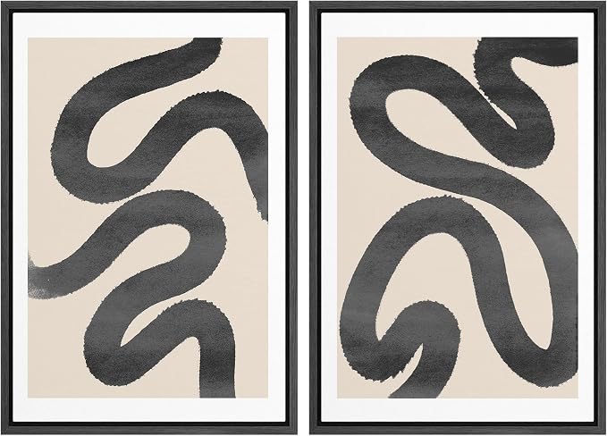 SIGNWIN Framed Wall Art Print Set Black Squiggly Lines Over Tan Background Abstract Swirly Digital Art Modern Art Mid-Century Modern Expressive for Living Room, Bedroom, Office - 24"x36"x2 Black