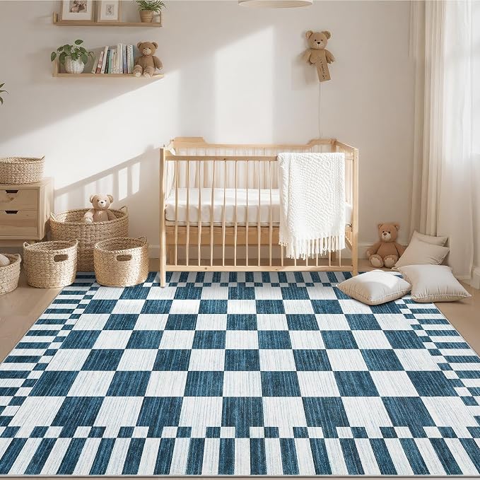 GarveeHome Blue and White Checkered Rug 5×7 Area Rugs for Living Room,Non-Slip Washable Rug Soft Low-Pile, Modern Farmhouse Geometric Rugs for Bedroom Dining Room