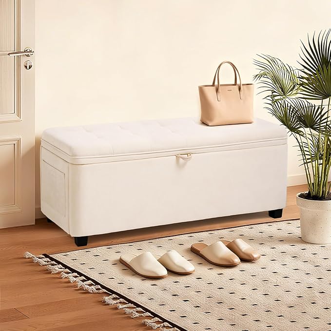 45" Storage Ottoman Bench, Tufted Ottoman with Storage for Living Room, Large End of Bed Ottomans, Modern Entryway Benchs, Window & Bedroom Benches for Foot of Bed (Ivory)