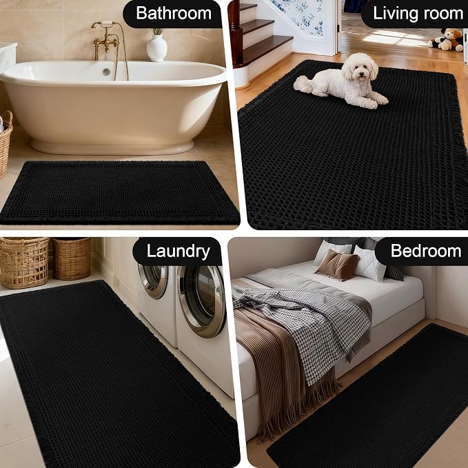 Upgraded Waffle Bath Mat, 32"x20" Black-Bordered, Super Absorbent Non-Slip Quick Dry Bathroom Rugs with Tassels, Machine Washable Ultra Soft Boho Bath Rugs for Floor, Toilet Mats Boho Farmhouse Decor