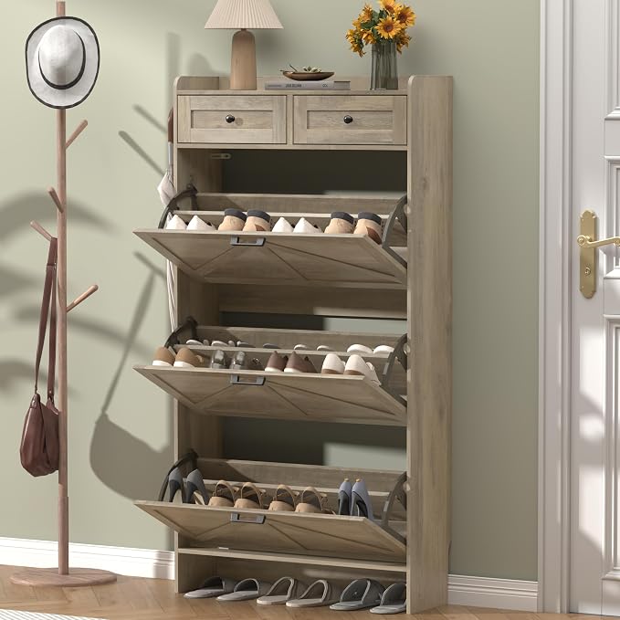 Thacuok Shoe Cabinet with 3 Flip Drawers & 2 Storage Drawers, Rustic Farmhouse Narrow Shoe Organizer Cabinet, Slim Shoe Rack Cabinet, Shoe Storage Cabinet for Entryway, Hallway, Front Door