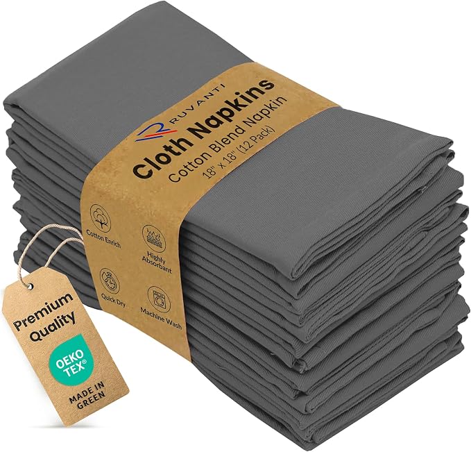 Ruvanti Cloth Napkin Set of 12, 18x18 Inch Soft & Absorbent Cotton Enrich Dinner Napkins for Hotel, Wedding Parties, Napkin-Everyday -Charcoal Grey
