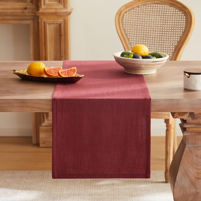 ZeeMart Rustic Cotton Linen Table Runner, 13x36 Inches Burgundy, Farmhouse Style Red Table Runners 36 Inches Long, Washable Kitchen Dining Table Decoration for Home Party Decor