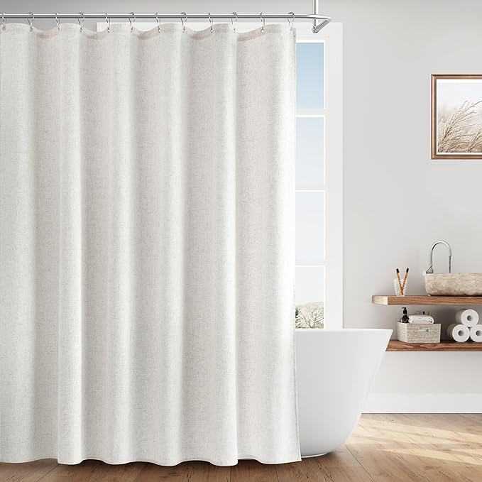 Naturoom Extra Long Boho Linen Shower Curtain, Country Farmhouse Cottage Bath Decor Shower Curtains Neutral Cloth Weighted Textured Fabric Bath Curtain with Hooks,Water Repellent,72x96