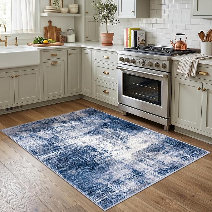 IOHOUZE Abstract Area Rug 4x5 Ft Washable Rugs for Entryway Indoor, Non Slip Small Living Room Rugs Printed Faux Wool Throw Rug, Floor Carpet for Kitchen Nursery Playroom, Navy/Grey