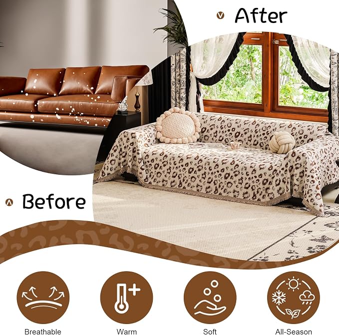 VClife Boho Couch Cover, Cute Animal Cheetah Throw Cover for Couches, Extra Large Couch Covers for 3 Seaters, Non Slip Couch Slip Cover for Dog Versatile Furniture Protector, Brown, 71''x150''