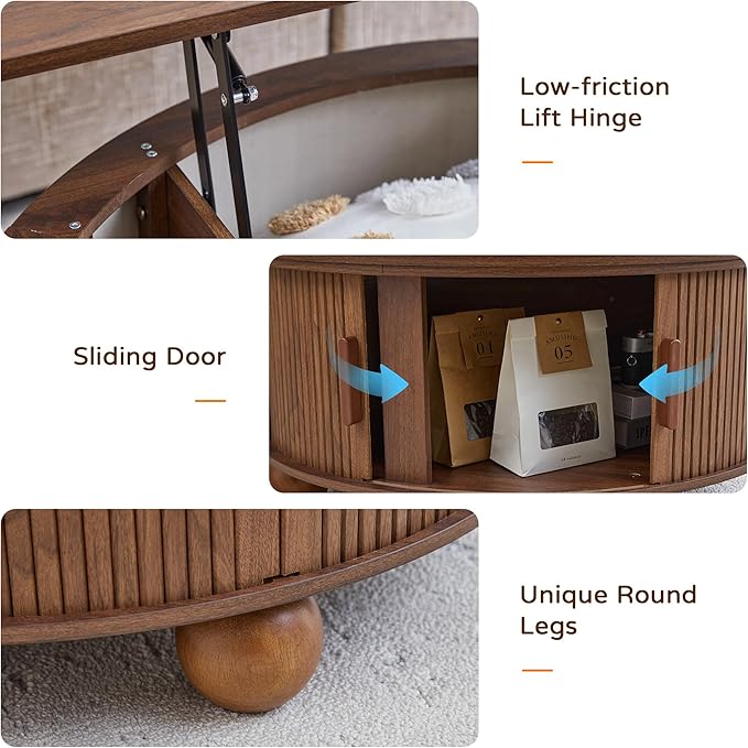 Round Lift Top Coffee Table with Hidden Storage, 33.5'' Mid-Century Modern Fluted Coffee Table with Sliding Tambour Door & Solid Wood Legs, Circle Center Table for Living Room, Small Space (Walnut)