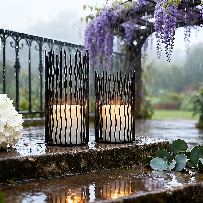 8 & 10inches Height Versatile Farmhouse Black Metal Iron Wire Willow Candle Holders with Led Waterproof Candles, Cage Candlestick Holders for Pillar Candle & Plants, Home Décor (Black)
