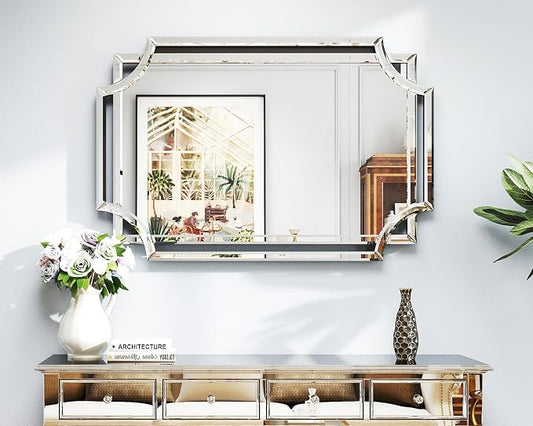 Chende Scalloped Large Wall Mirror, 28" x 40" Bathroom Mirror with Beveled Edge and Glass Pieces, Wall Decor for Living Room, Entryway, Fireplace, Dining Room, Hallway, Horizontal/Vertical Mirror