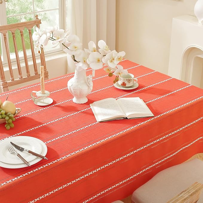 Chassic 60 x 120 inches Farmhouse Style Linen tablecloths, Wrinkle Resistant Washable Dining Room Table Cloths for 8 Foot Rectangle Tables - Hemstitch Maple Orange