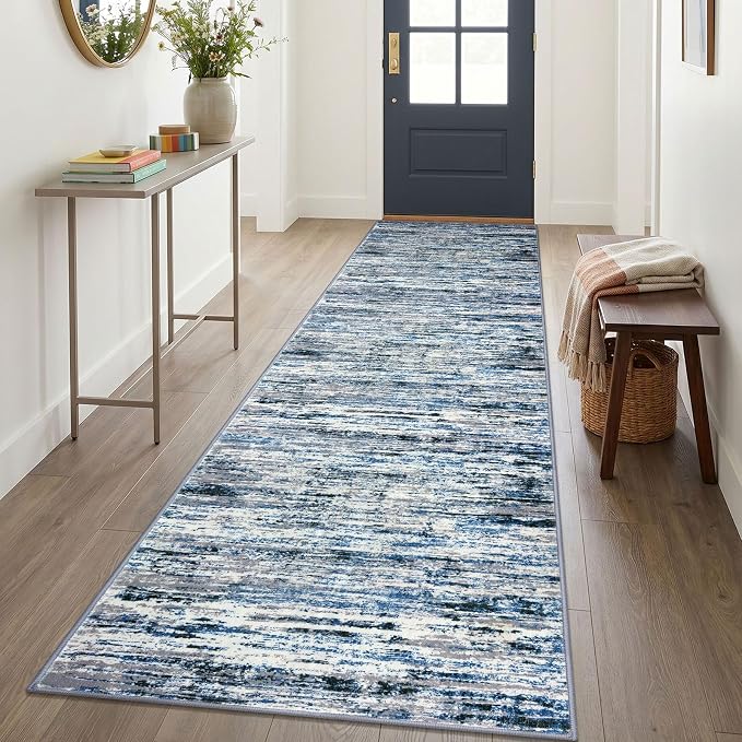 Lansny Modern Abstract Runners for Hallways 3x10, Washable Runner Rug Non-Slip Indoor Soft Long Hallway Runner Rug, Thin Print Faux Wool Floor Carpet for Hall Entryway Kitchen, Grey Blue White