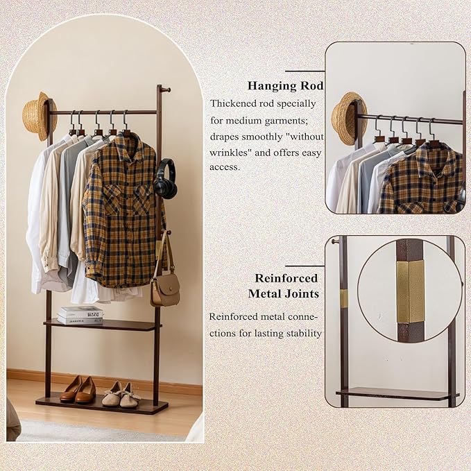 Clothes Rack Solid Wood Coat Rack with Shelves and Hooks – Garment Clothing Rack Coat Rack with Storage for Hallway, Bedroom, Living Room, 15.75 inch, Walnut
