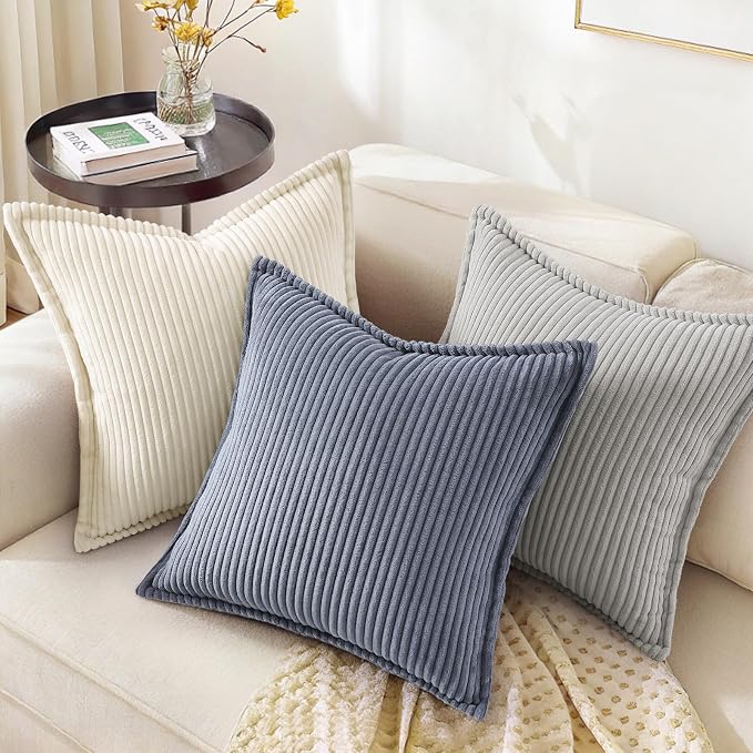 decorUhome Summer Corduroy Blue Grey Throw Pillow Covers 18x18 Set of 2 Decorative Soft Boho Farmhouse Couch Pillow Covers for Living Room Bed Sofa Broadside Striped Pillow Cases