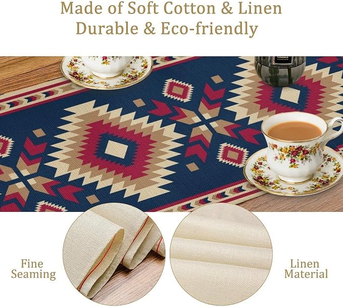 Aztec Southwest Table Runner,Ethnic Style Design Fabric Pattern Geometric Table Runners Decor for Garden Farmhouse Wedding Party Holiday Dinner Home 13x120 Inch