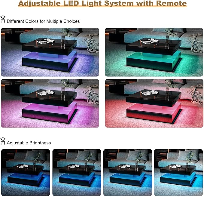 HedoAjim Black LED Coffee Table for Living Room, Living Room Table 2-Tier Square Middle Center Table, Modern Coffee Tables with Storage, Contemporary Wood Tea Tables for Dining Reception
