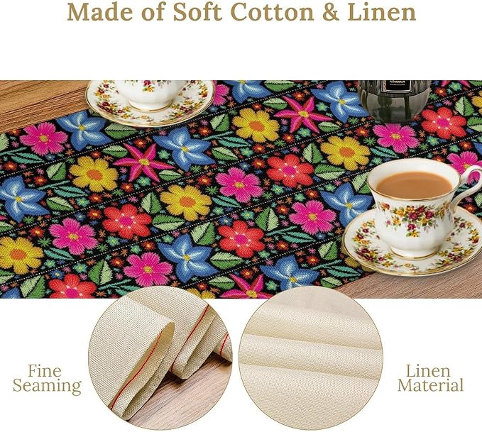 YCness Ethnic Mexican Table Runer, Mexican Flower Traditional Pattern Ornate Folk Graphic Spring Table Runner for Party Living Room Dining Home Table Decor, 13x120 Inch