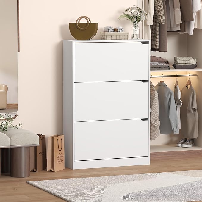 Wodeer Shoe Storage Cabinet with 3 Flip Drawers, Slim Hidden Wood Shoe Cabinet Storage for Entryway, Freestanding Narrow Shoe Rack Organizer with Adjustable Shelves for Foyer, Hallway, White