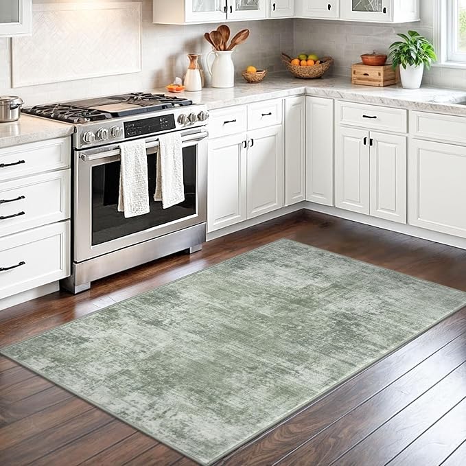 IOHOUZE Abstract Area Rug 3x5 Ft Washable Rugs for Entryway Indoor, Non Slip Kitchen Rug Printed Faux Wool Throw Rugs, Indoor Door Mat for Door Entrance Foyer Living Room, Sage Green