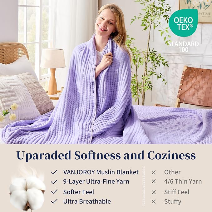 VANJOROY 9-Layer Muslin Throw Blanket King 90" x 108" Purple, 100% Cotton Organic Breathable Lightweight Large Throw for Couch Bed Quilt and Bedspread - All Season Muslin Soft Gauze Blanket