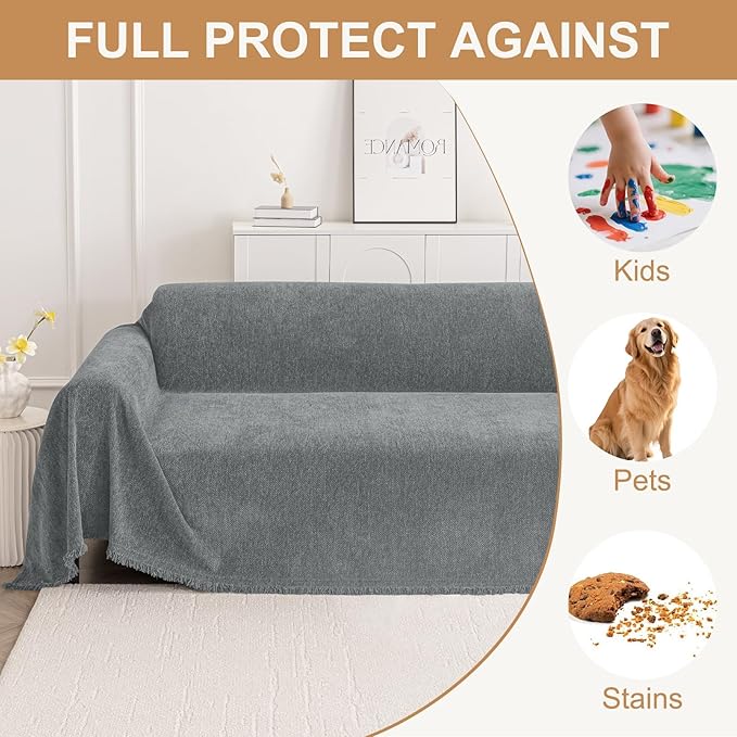 Smiry Couch Cover for Dogs, Washable Chenille Sofa Covers for 3 Cushion Couch, Soft Sofa Slipcover for Pets, Thick Sectional Furniture Protector with Tassels (Grey, 71x134 Inch)