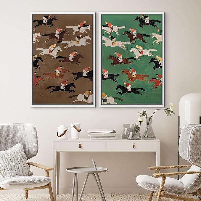 SIGNWIN Framed Canvas Print Wall Art Set Vintage Horse Racing Jockeys Illustrations Modern Art Rustic Colorful Ultra for Living Room, Bedroom, Office - 16"x24"x2 White