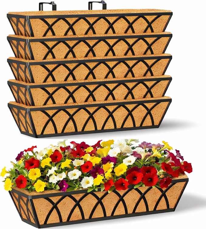 24 Inch Railing Planter Box with Coco Liner, Adjustable Metal Window Box, Hanging Flower Planter Outdoor, for Balcony Deck Fence Garden, Black, Set of 6