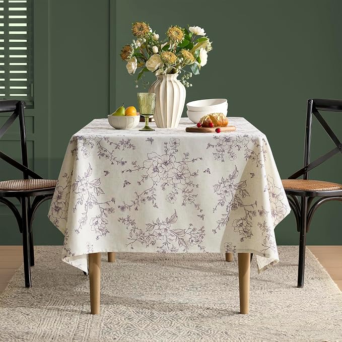 Purple Floral Rectangle Tablecloth Linen Table Cloth with Flowers Pattern Burlap Textured Farmhouse French Vintage Rustic Outdoor Table Cover for Picnic,Dining,Party,Home Decor 55x102 Inch