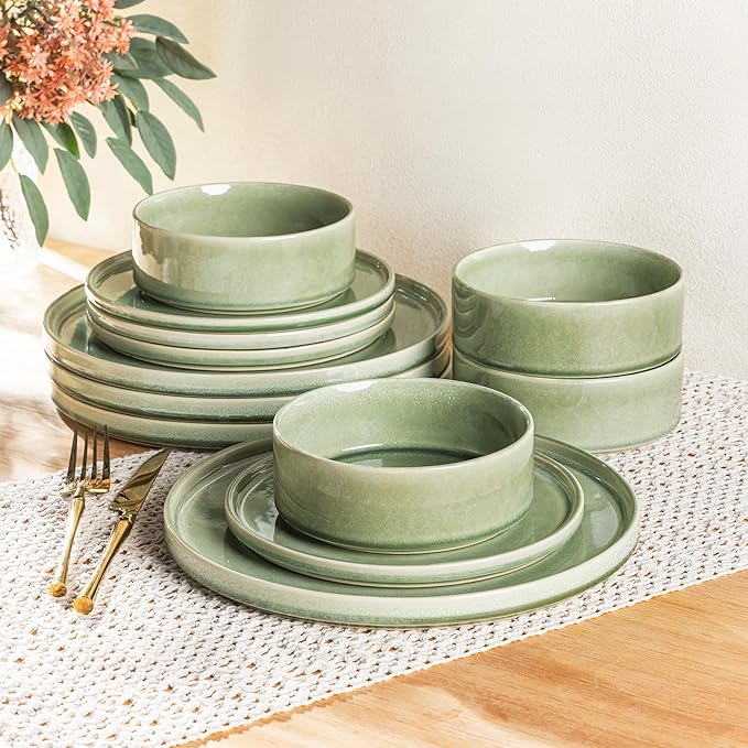 AmorArc Ceramic Dinnerware Sets, Handmade Reactive Glaze Stoneware Plates and Bowls Sets,Highly Chip and Crack Resistant | Dishwasher & Microwave Safe Dishes Set, Service for 4 (12pc)