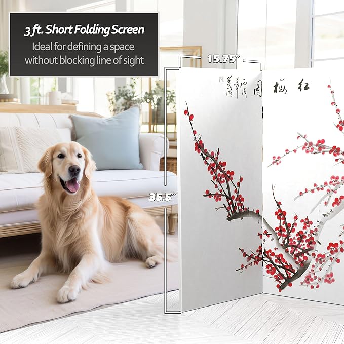 Red Lantern 3 ft. Short Double Sided Plum Blossom Canvas Room Divider 4 Panel Freestanding Folding Privacy Screen Partition and Separator for Modern and Contemporary Bedroom Home Office Studio Dorm
