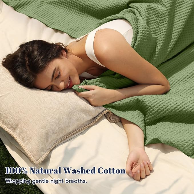 PHF Pre-Washed 100% Cotton Waffle Weave Blanket Queen Size for Bed,Snag Proof Throw Blanket for Couch Spring Summer Lightweight Breathable,Machine Washable, Home Decor Gift - Loden Green