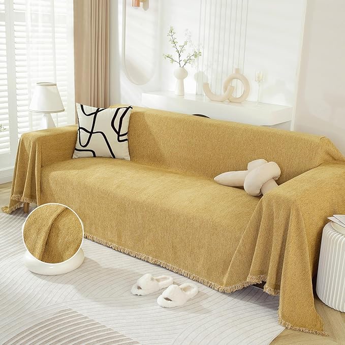 DREAMINGO Modern Minimalism Couch Cover Pets Loveseat Protector Mustard Yellow Chenille Sofa Covers for Sectional 3 Seat Couch Boho Herringbone Furniture Cover Throw Sofa Slipcover, 71"x118"
