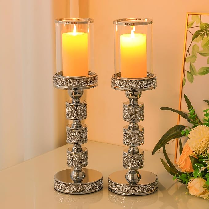 Hurricane Candle Holder, 15.9" Tall Metal Candle Stand, Glass Pillar Candle Holders, Crystal Silver Decorative Centerpieces for Table, Wedding and Dining Room (Fits Candles up to 3"x5", 2pcs, L)