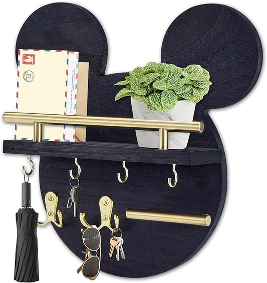 AIRPOP Key Holder for Wall–Mouse Wooden Mail Organizer Wall Mount with Shelf and 6 Hooks, Easy Installation Key Rack Hanger for Entryway Living Room Home Decor (Black)