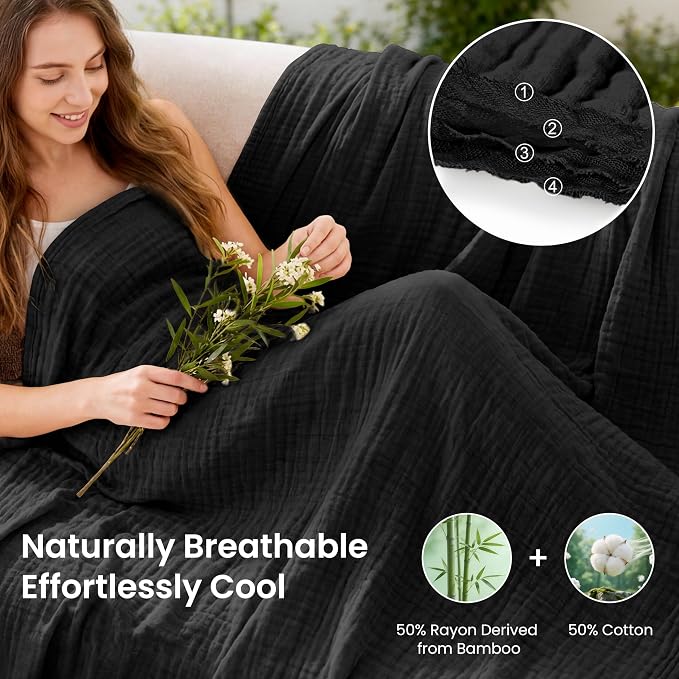 Love's cabin Cooling Muslin Blanket Queen Size, 50% Rayon Derived from Bamboo, 50% Cotton, 4-Layer Lightweight Breathable Summer Gauze Blanket for Bed, Soft for Hot Sleepers and Kids, 90"x90", Black