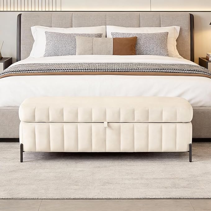 Chifee & Vingol 49.21" Storage Ottoman Bench Modern End of Bed Bench with Metal Legs Upholstered Velvet Entryway Benches with Storage for Bedroom Living Room Closet,Beige