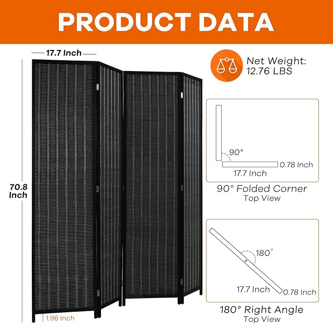 6FT Room Divider 4 Panel, 72 Inch Wall Divider Wood Screen Privacy Screen Seperating Divider Handwork Bamboo Folding Portable for Home Bedroom, Black