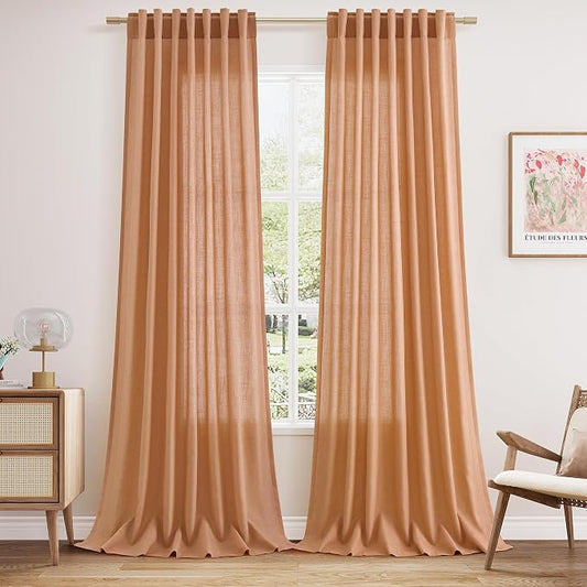 Nanspring Peach Quartz Linen Curtains 120 Inch Length 2 Panel Set Back Tab Loop Pocket Light Filtering Semi Sheer Boho Decor Curtains Extra Long for High Ceiling Living Room and Large Window 52x120