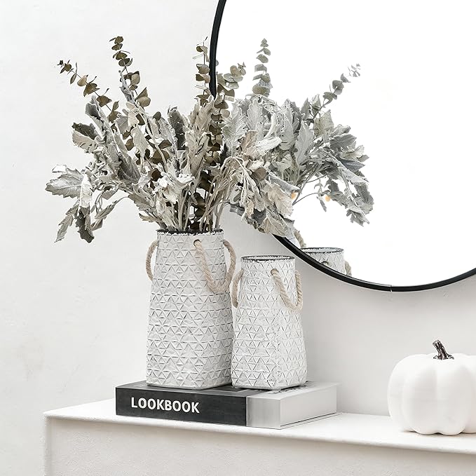 Vaseking Elegant White Petite Vase, 7 inch Ceramic Modern Minimalism Geometric Texture Purse Vase with Hanging Rope, Creative Tote Bag Vases for Home Decor, Living Room, Wedding, Bookshelf Decor