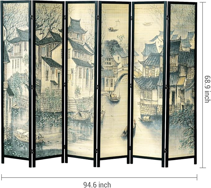 MyGift 6 Panel Room Divider Privacy Partition with Dual-Sided Vintage Asian Water Village Ink Brushed Print Design, 6FT Black Wood Framed Decorative Artwork Folding Screen 94.6''W x 68.9''H
