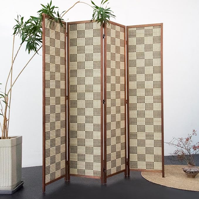 Furnnylane 4 Panel Bamboo Room Divider – 5.6 ft Tall Double-Sided Folding Privacy Screen, Freestanding Wall Partition for Home Office & Bedroom, Gray Brown Woven Texture, Easy Setup (67" H x 63" W)