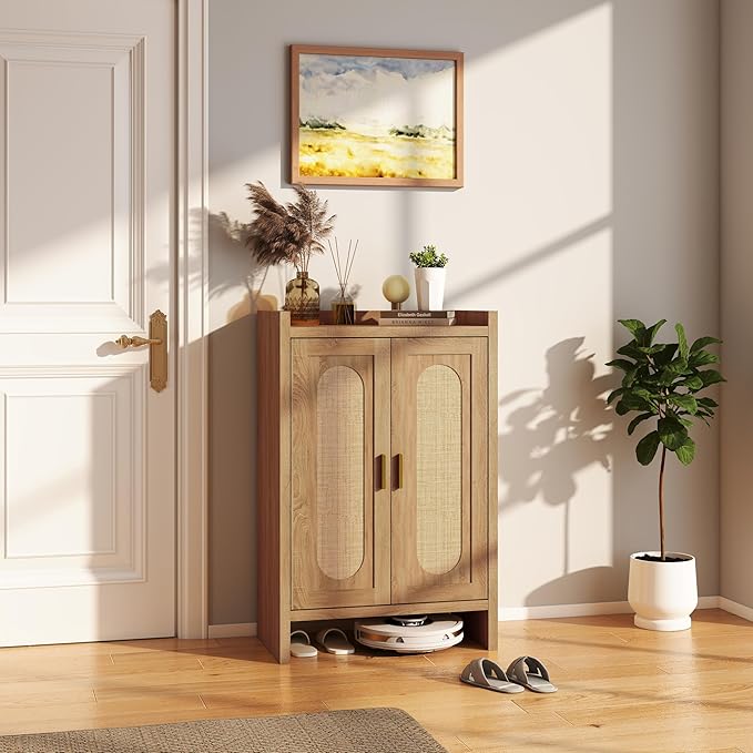 Panana 5 Layer Farmhouse Style Shoe Cabinet, Wooden Freestanding Shoe Rack with 2 Doors and Adjustable Shelves, Shoe Storage Organizer for Entryway Hallway Closet (Rattan Brown, 6 Tier)