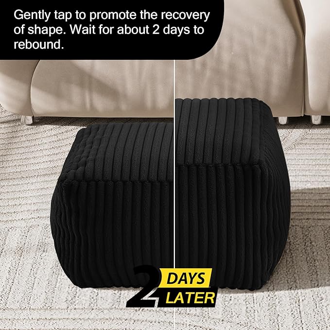 MeMoreCool Square Stuffed Pouf Ottoman Foot Rest, Stripe Furry Floor Pouf Foot Stool with Foam Chunk Filling, Soft Fluffy Stuffed Ottoman Footrest for Living Room, Faux Fur Black