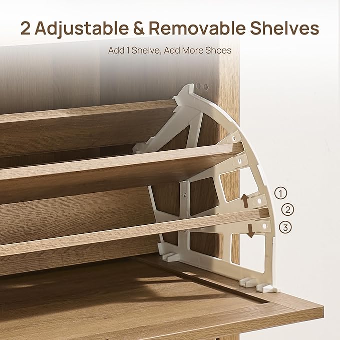 SICOTAS Rattan Shoe Storage Cabinet with 4 Flip Drawer - 11.6" Deep Freestanding Shoe Organizer with 6 Shelves for 40 Pair Shoes, Boho Large Shoe Rack Cabinet for Entryway Hallway Foyer, Oak, 2PCS